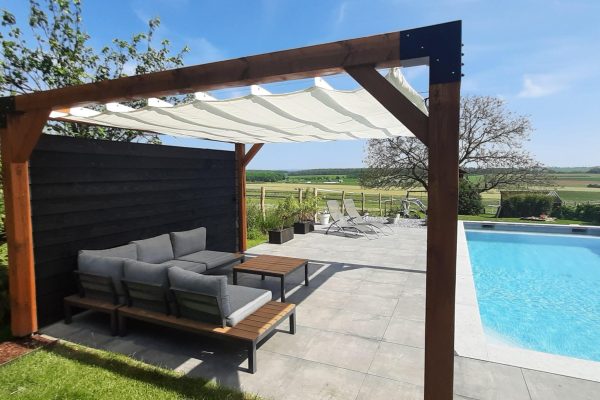 Douglas Wood Pergola + White Shade Cloth